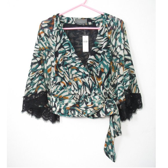 By Anthropologie Flutter Sleeve Wrap Top w/ Lace Trim - Small - Picture 1 of 10